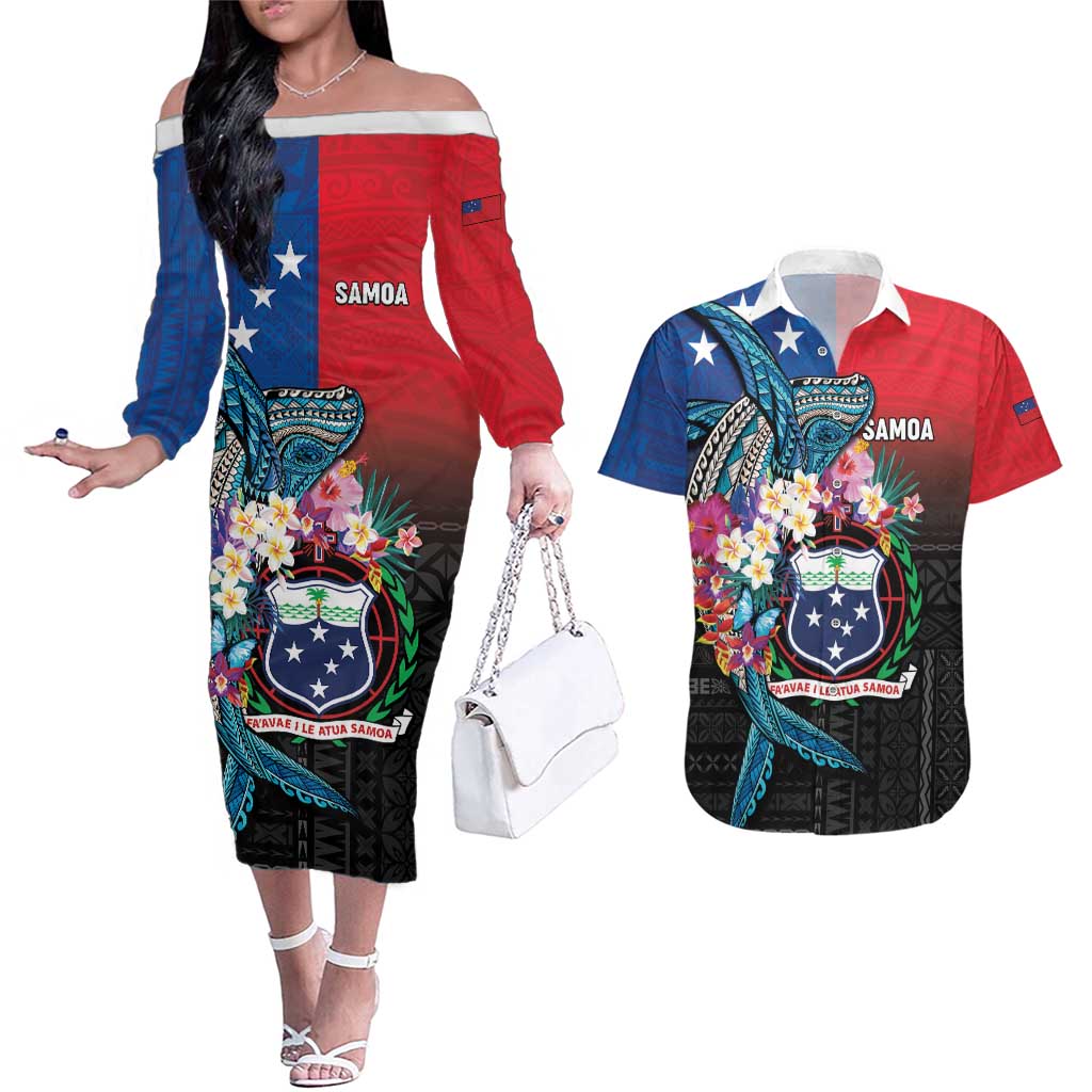 Samoa Couples Matching Off The Shoulder Long Sleeve Dress and Hawaiian Shirt Humpback Whale Siapo Pattern LT05 Blue - Polynesian Pride