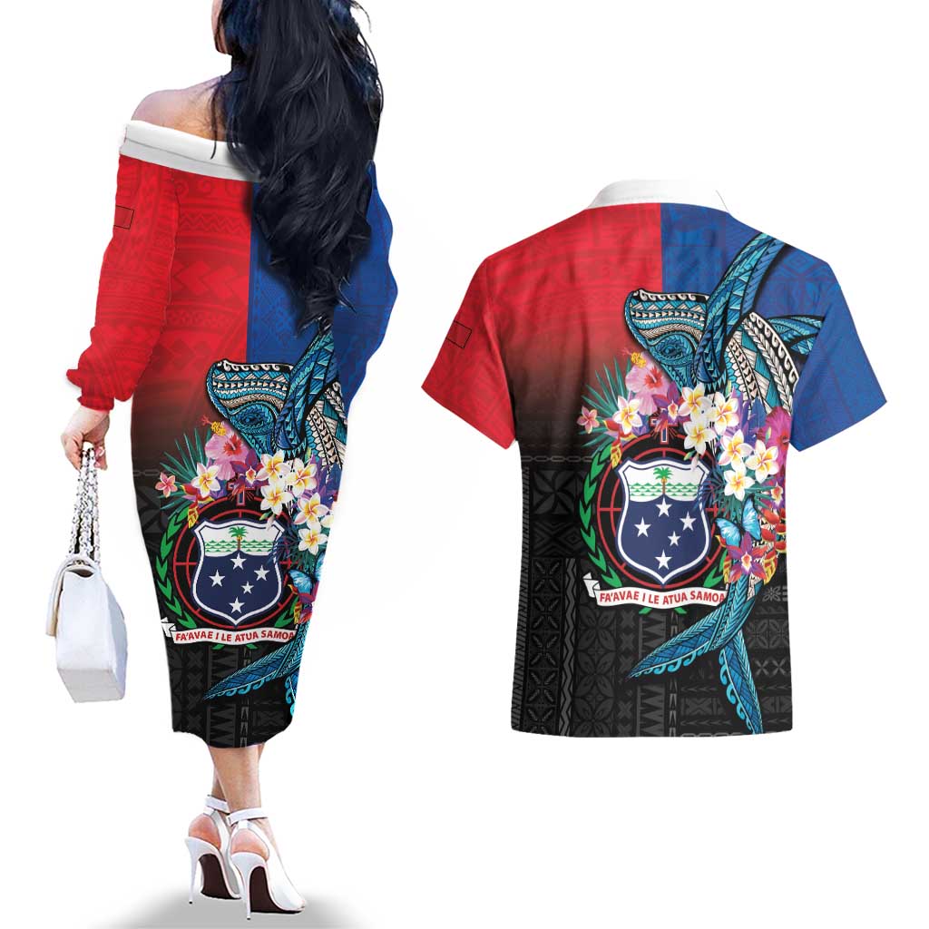 Samoa Couples Matching Off The Shoulder Long Sleeve Dress and Hawaiian Shirt Humpback Whale Siapo Pattern LT05 - Polynesian Pride