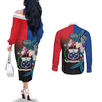 Samoa Couples Matching Off The Shoulder Long Sleeve Dress and Long Sleeve Button Shirt Humpback Whale Siapo Pattern LT05 - Polynesian Pride