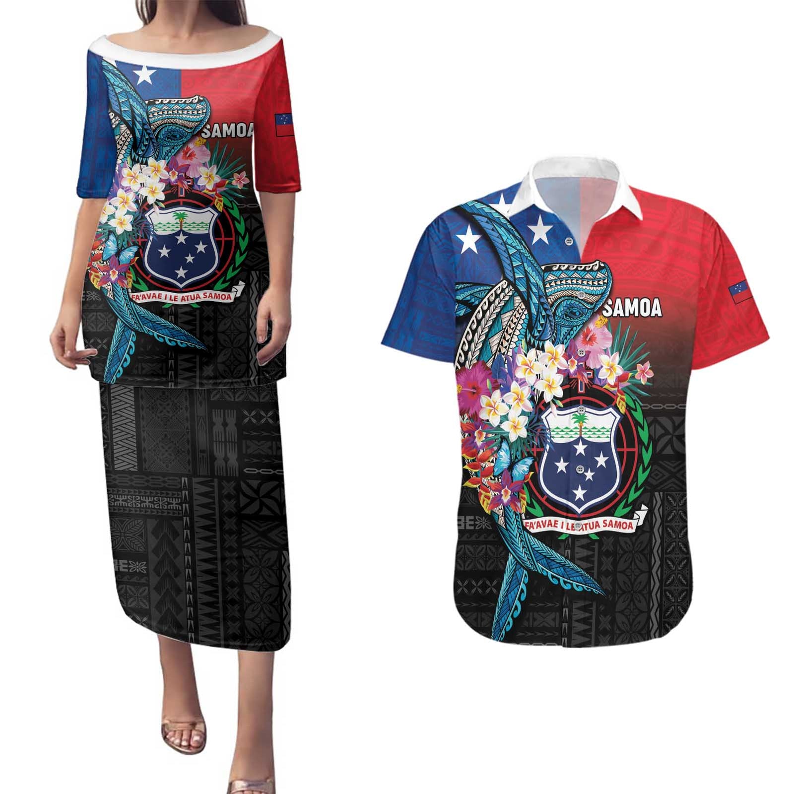 Samoa Couples Matching Puletasi and Hawaiian Shirt Humpback Whale Siapo Pattern LT05 Blue - Polynesian Pride