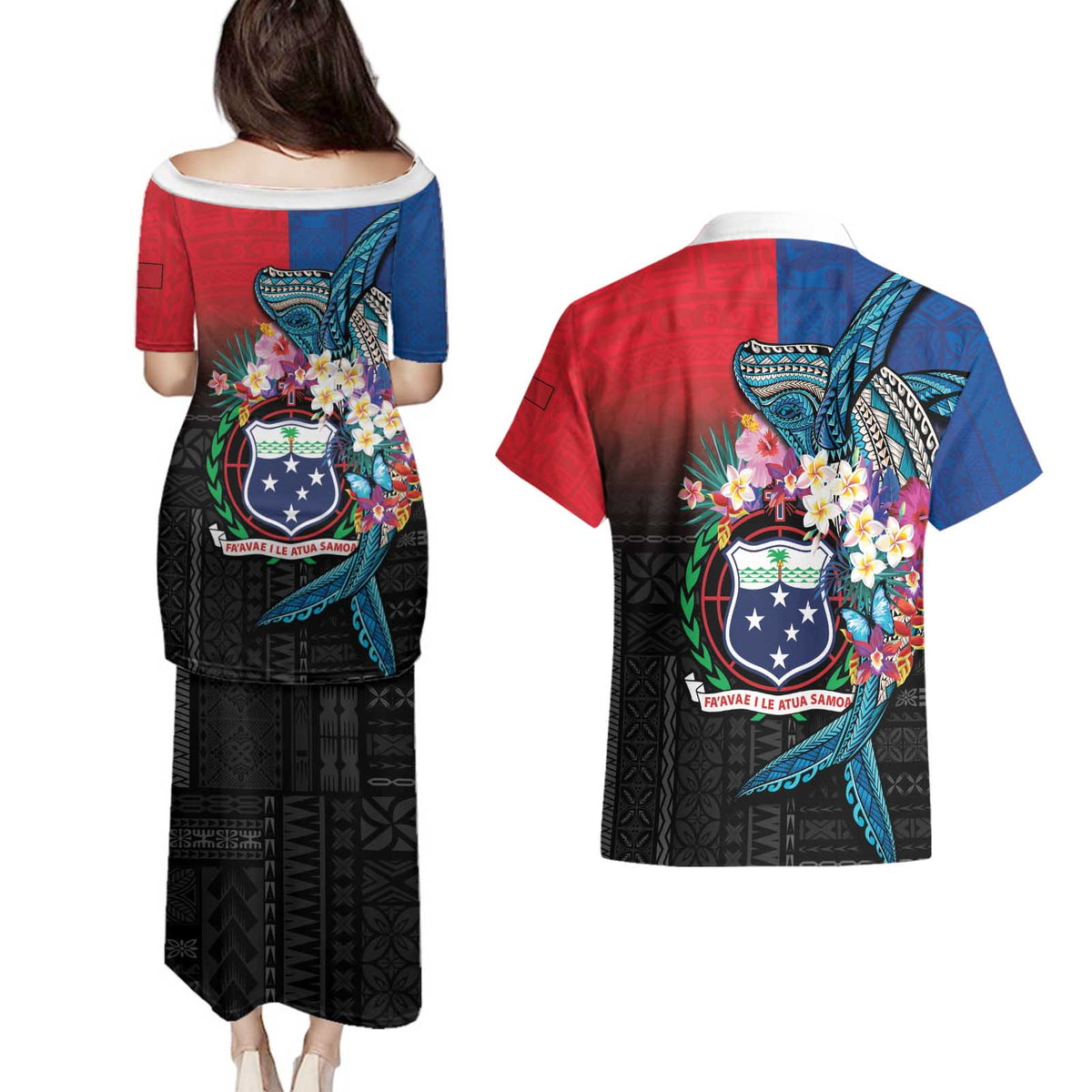 Samoa Couples Matching Puletasi and Hawaiian Shirt Humpback Whale Siapo Pattern LT05 - Polynesian Pride