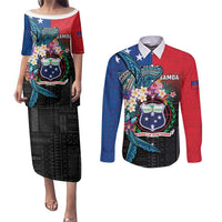 Samoa Couples Matching Puletasi and Long Sleeve Button Shirt Humpback Whale Siapo Pattern LT05 Blue - Polynesian Pride