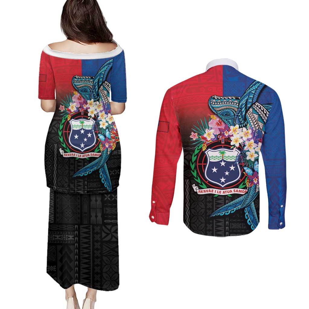 Samoa Couples Matching Puletasi and Long Sleeve Button Shirt Humpback Whale Siapo Pattern LT05 - Polynesian Pride