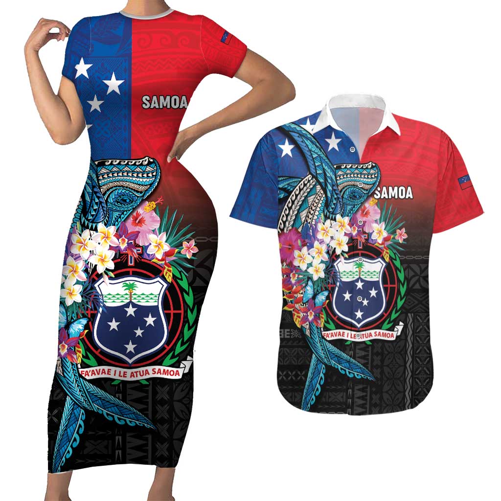Samoa Couples Matching Short Sleeve Bodycon Dress and Hawaiian Shirt Humpback Whale Siapo Pattern LT05 Blue - Polynesian Pride