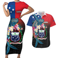 Samoa Couples Matching Short Sleeve Bodycon Dress and Hawaiian Shirt Humpback Whale Siapo Pattern LT05 Blue - Polynesian Pride