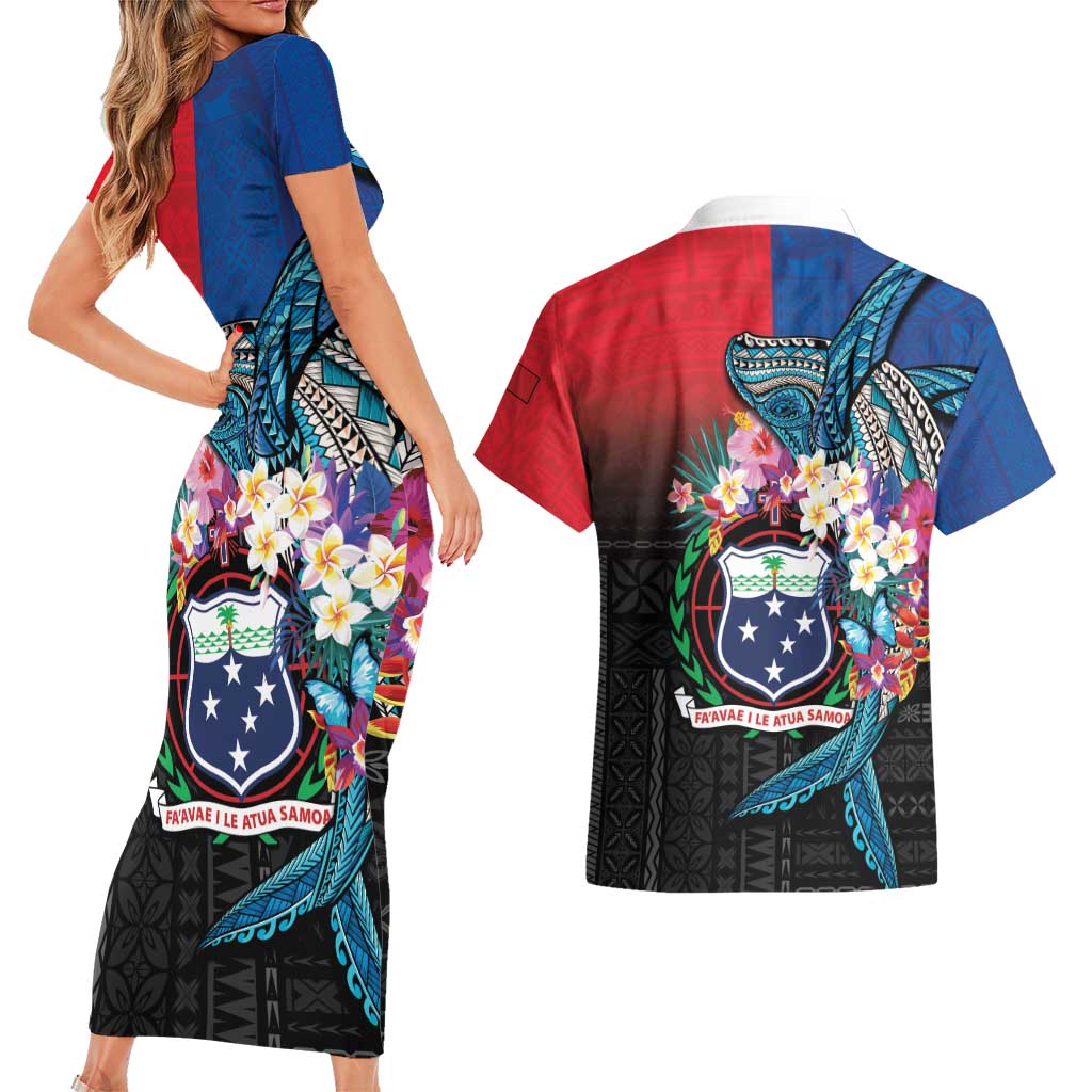 Samoa Couples Matching Short Sleeve Bodycon Dress and Hawaiian Shirt Humpback Whale Siapo Pattern LT05 - Polynesian Pride