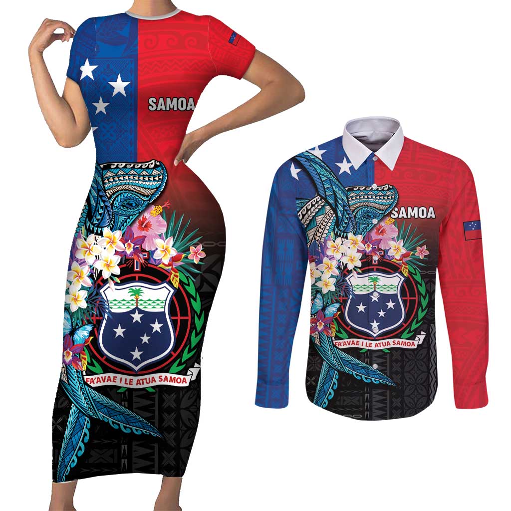 Samoa Couples Matching Short Sleeve Bodycon Dress and Long Sleeve Button Shirt Humpback Whale Siapo Pattern LT05 Blue - Polynesian Pride
