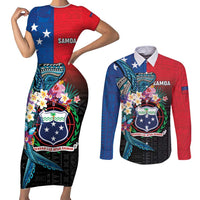 Samoa Couples Matching Short Sleeve Bodycon Dress and Long Sleeve Button Shirt Humpback Whale Siapo Pattern LT05 Blue - Polynesian Pride