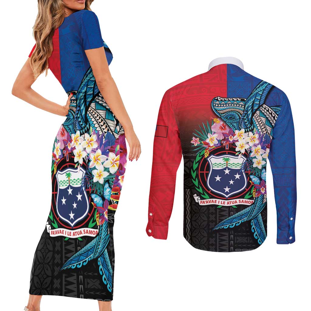 Samoa Couples Matching Short Sleeve Bodycon Dress and Long Sleeve Button Shirt Humpback Whale Siapo Pattern LT05 - Polynesian Pride