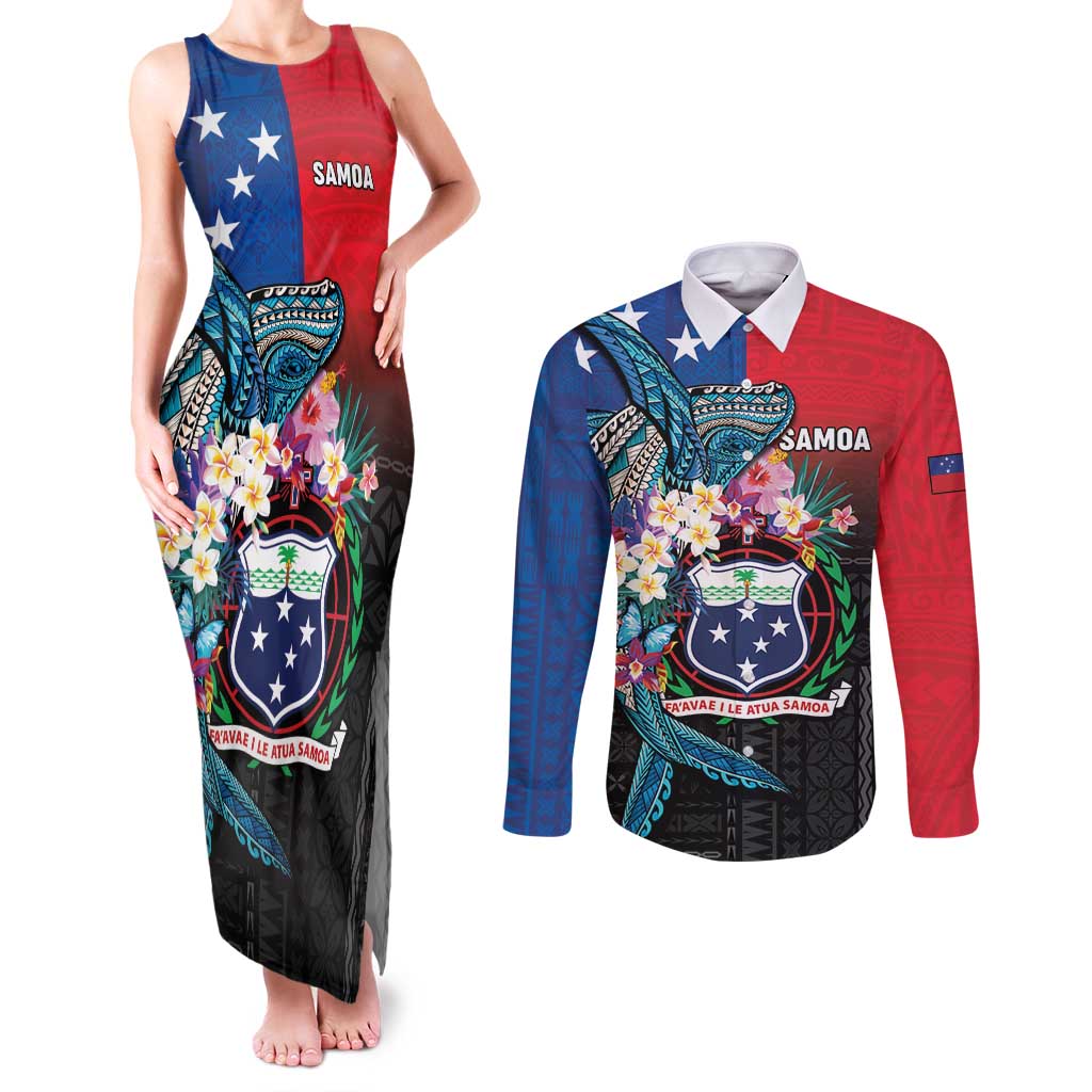 Samoa Couples Matching Tank Maxi Dress and Long Sleeve Button Shirt Humpback Whale Siapo Pattern LT05 Blue - Polynesian Pride
