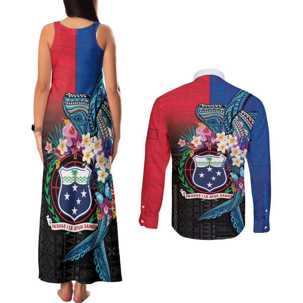 Samoa Couples Matching Tank Maxi Dress and Long Sleeve Button Shirt Humpback Whale Siapo Pattern LT05 - Polynesian Pride