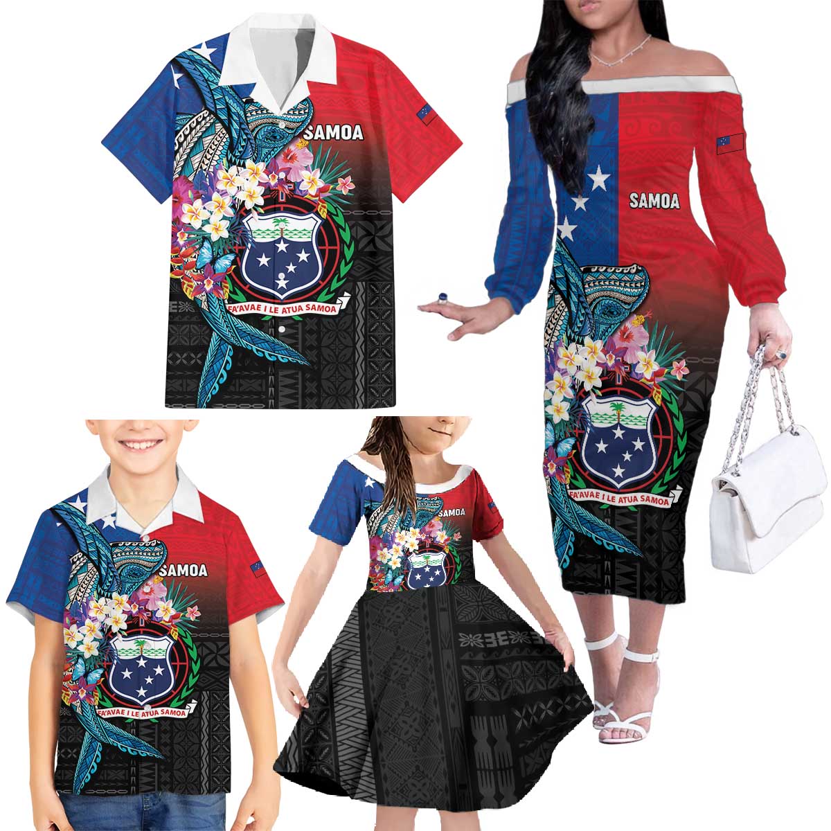 Samoa Family Matching Off The Shoulder Long Sleeve Dress and Hawaiian Shirt Humpback Whale Siapo Pattern
