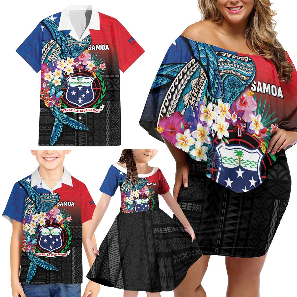 Samoa Family Matching Off Shoulder Short Dress and Hawaiian Shirt Humpback Whale Siapo Pattern