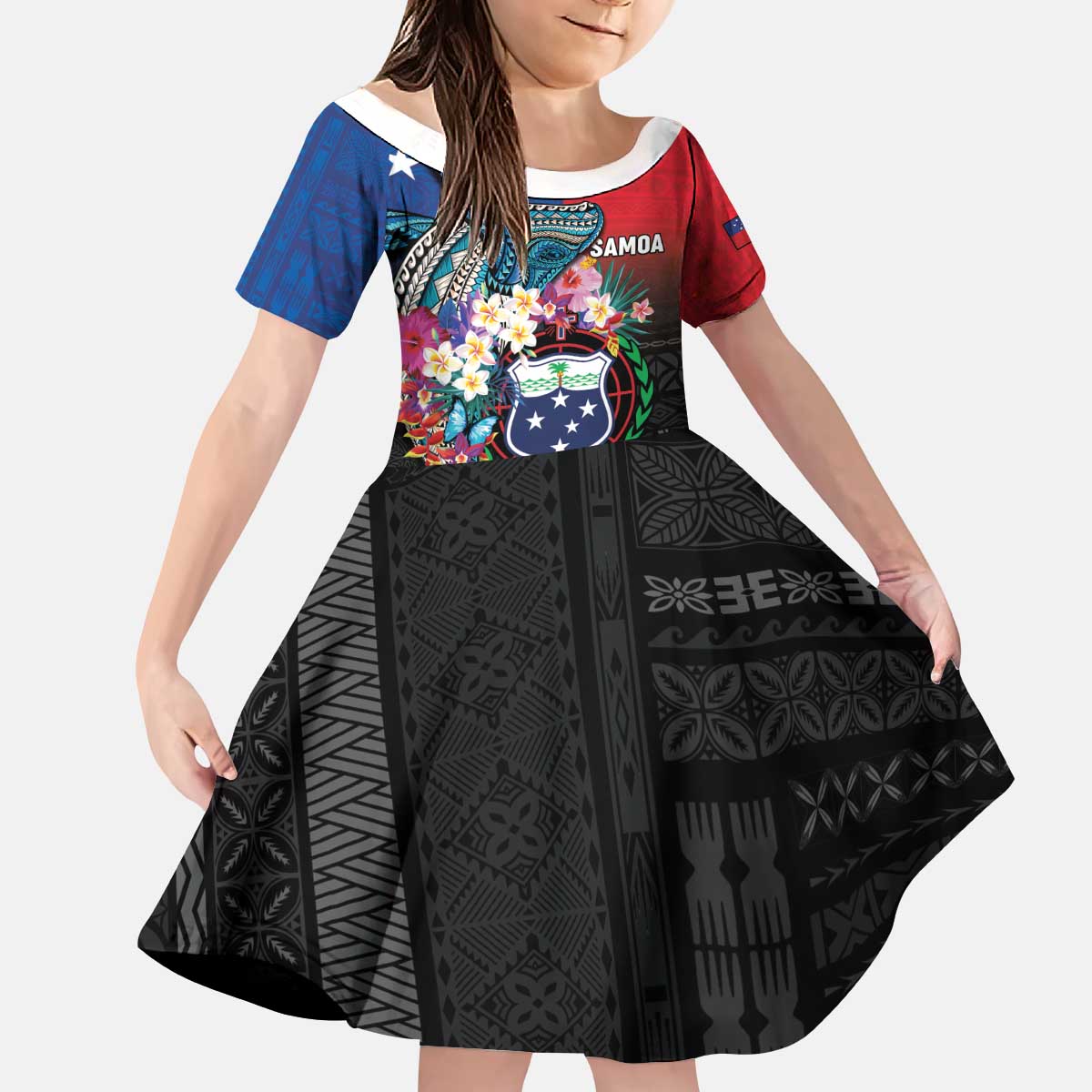 Samoa Kid Short Sleeve Dress Humpback Whale Siapo Pattern LT05 KID Blue - Polynesian Pride