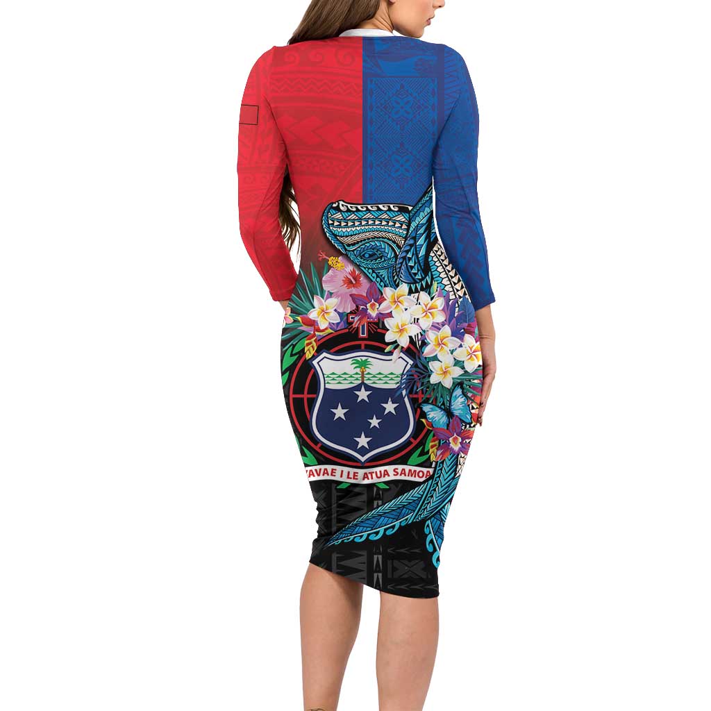 Samoa Long Sleeve Bodycon Dress Humpback Whale Siapo Pattern