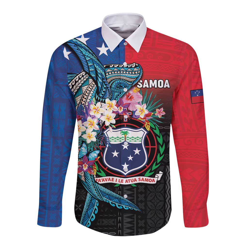 Samoa Long Sleeve Button Shirt Humpback Whale Siapo Pattern LT05 Unisex Blue - Polynesian Pride