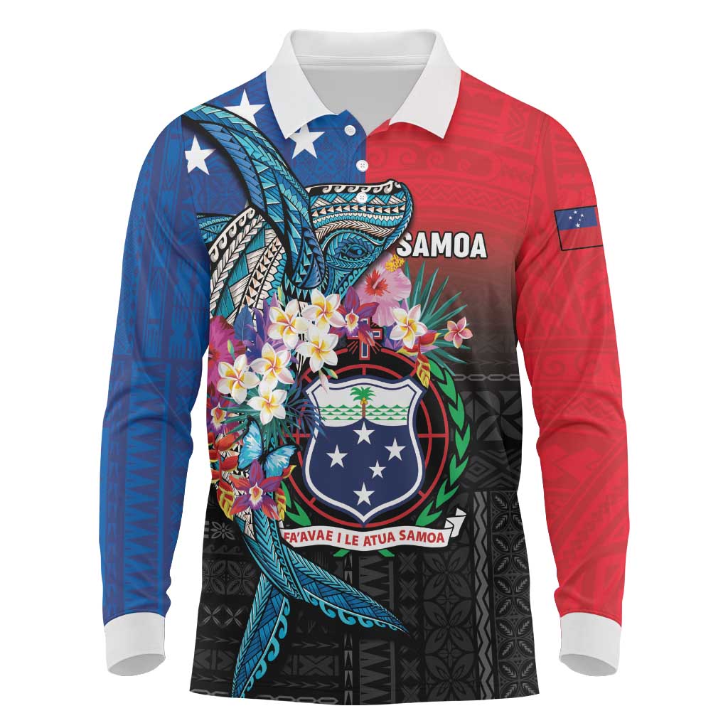 Samoa Long Sleeve Polo Shirt Humpback Whale Siapo Pattern LT05 Blue - Polynesian Pride