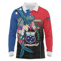Samoa Long Sleeve Polo Shirt Humpback Whale Siapo Pattern LT05 Blue - Polynesian Pride