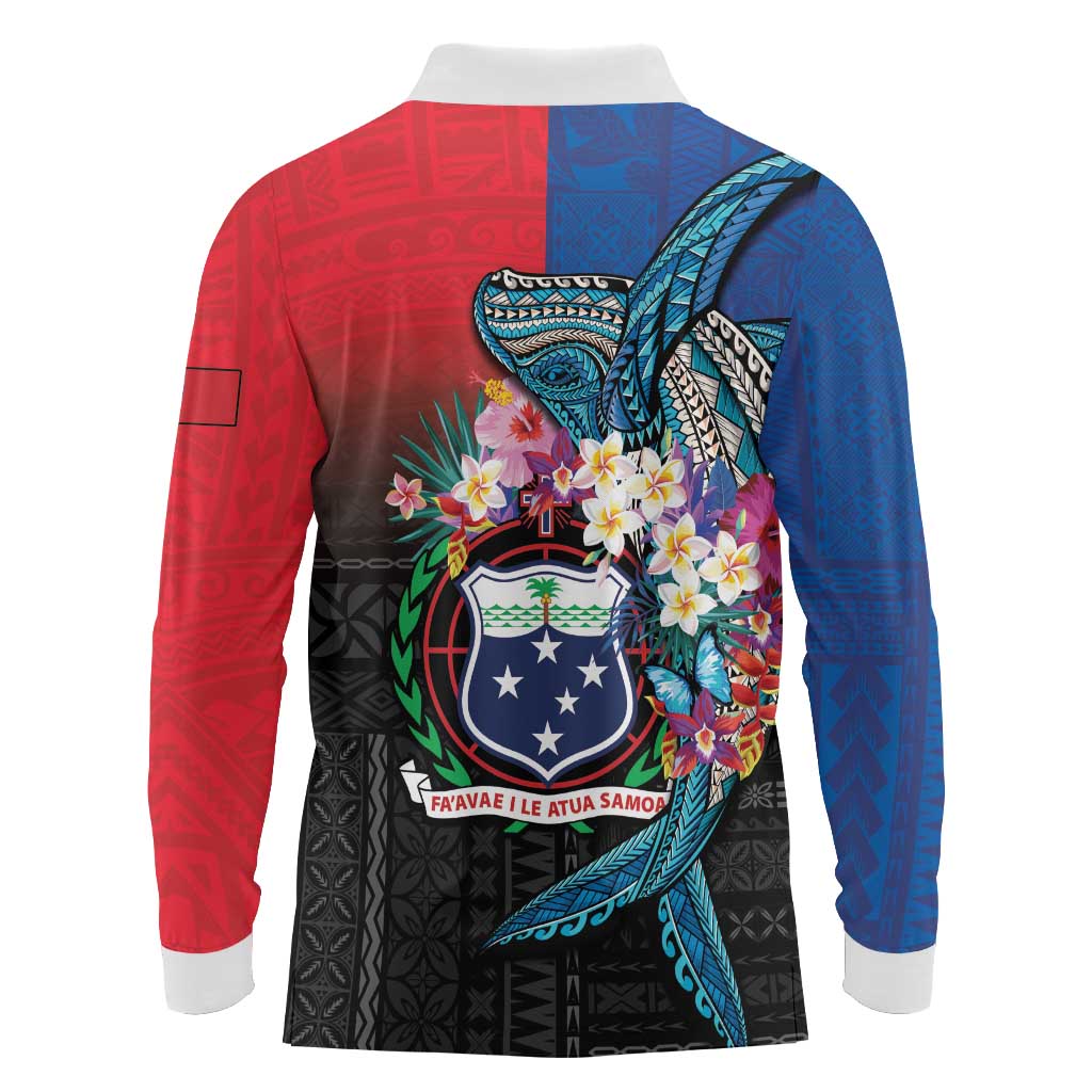 Samoa Long Sleeve Polo Shirt Humpback Whale Siapo Pattern LT05 - Polynesian Pride