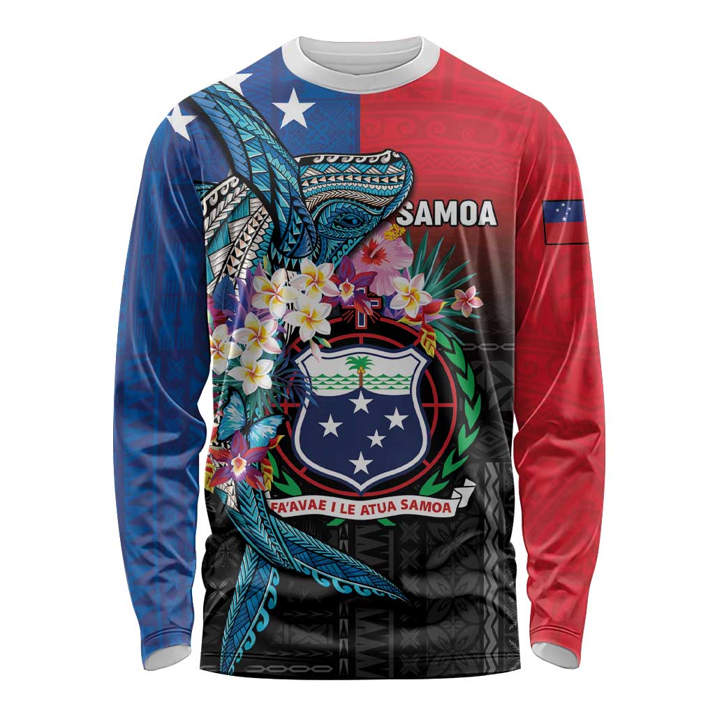 Samoa Long Sleeve Shirt Humpback Whale Siapo Pattern LT05 Unisex Blue - Polynesian Pride