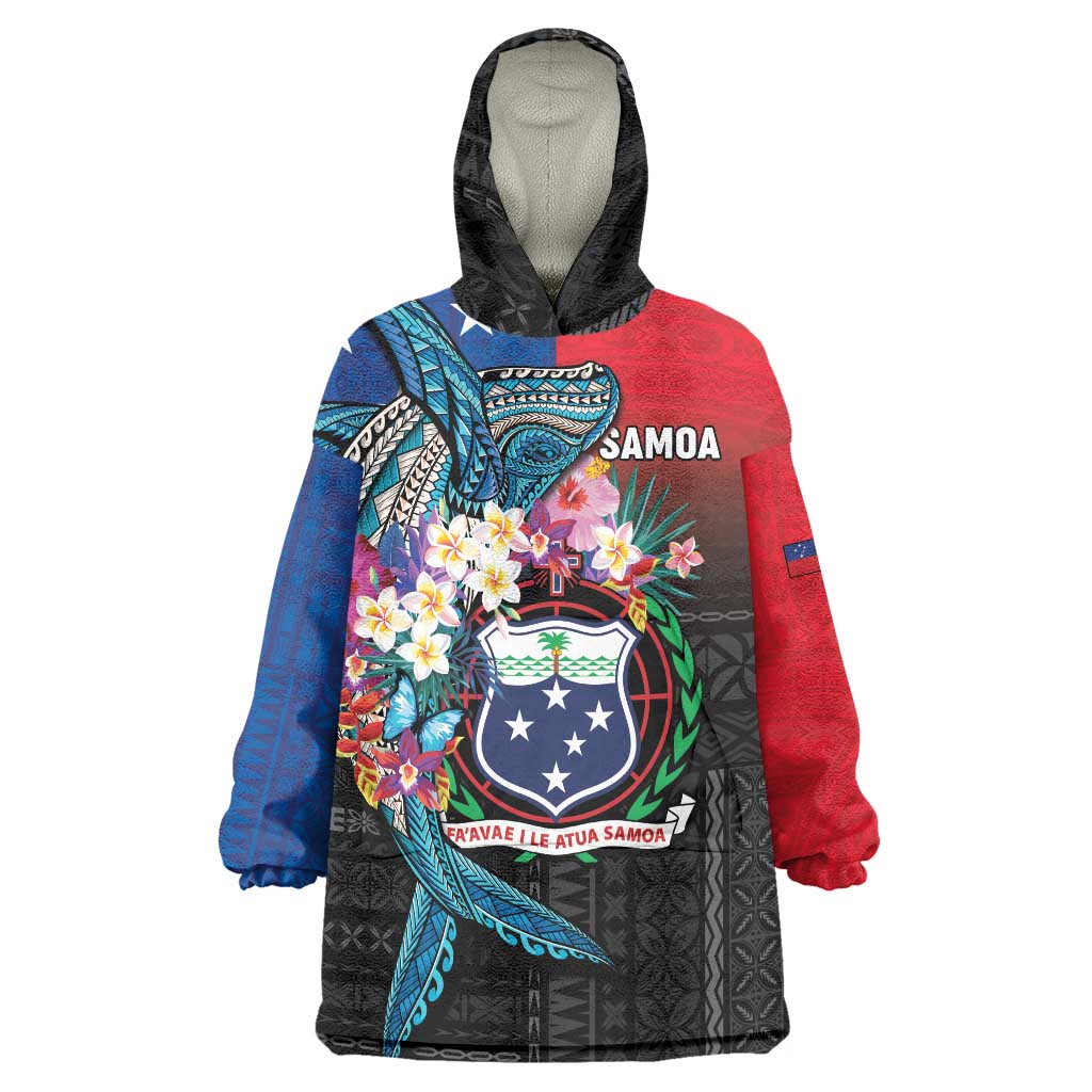 Samoa Wearable Blanket Hoodie Humpback Whale Siapo Pattern LT05 One Size Blue - Polynesian Pride