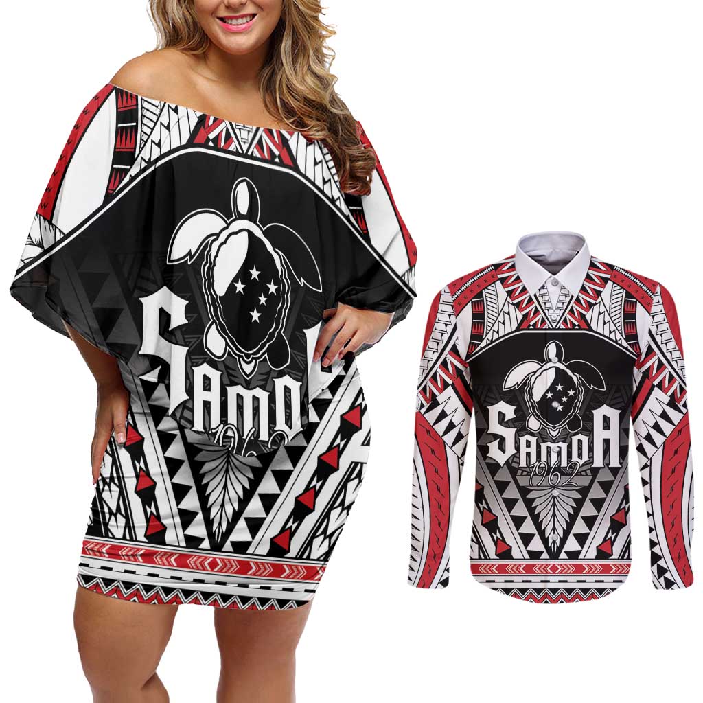 Samoa Independence Day Couples Matching Off Shoulder Short Dress and Long Sleeve Button Shirt Proud To Be Samoan LT05 Black - Polynesian Pride