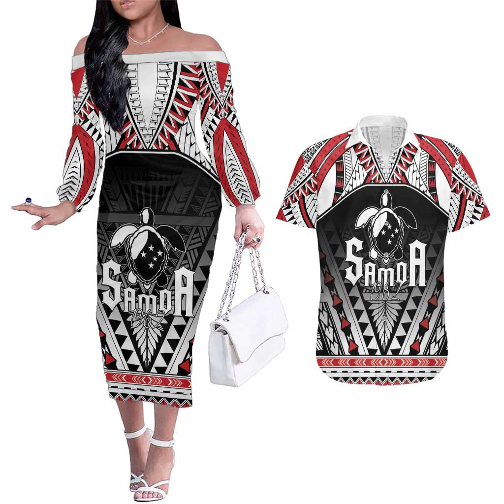Samoa Independence Day Couples Matching Off The Shoulder Long Sleeve Dress and Hawaiian Shirt Proud To Be Samoan LT05 Black - Polynesian Pride