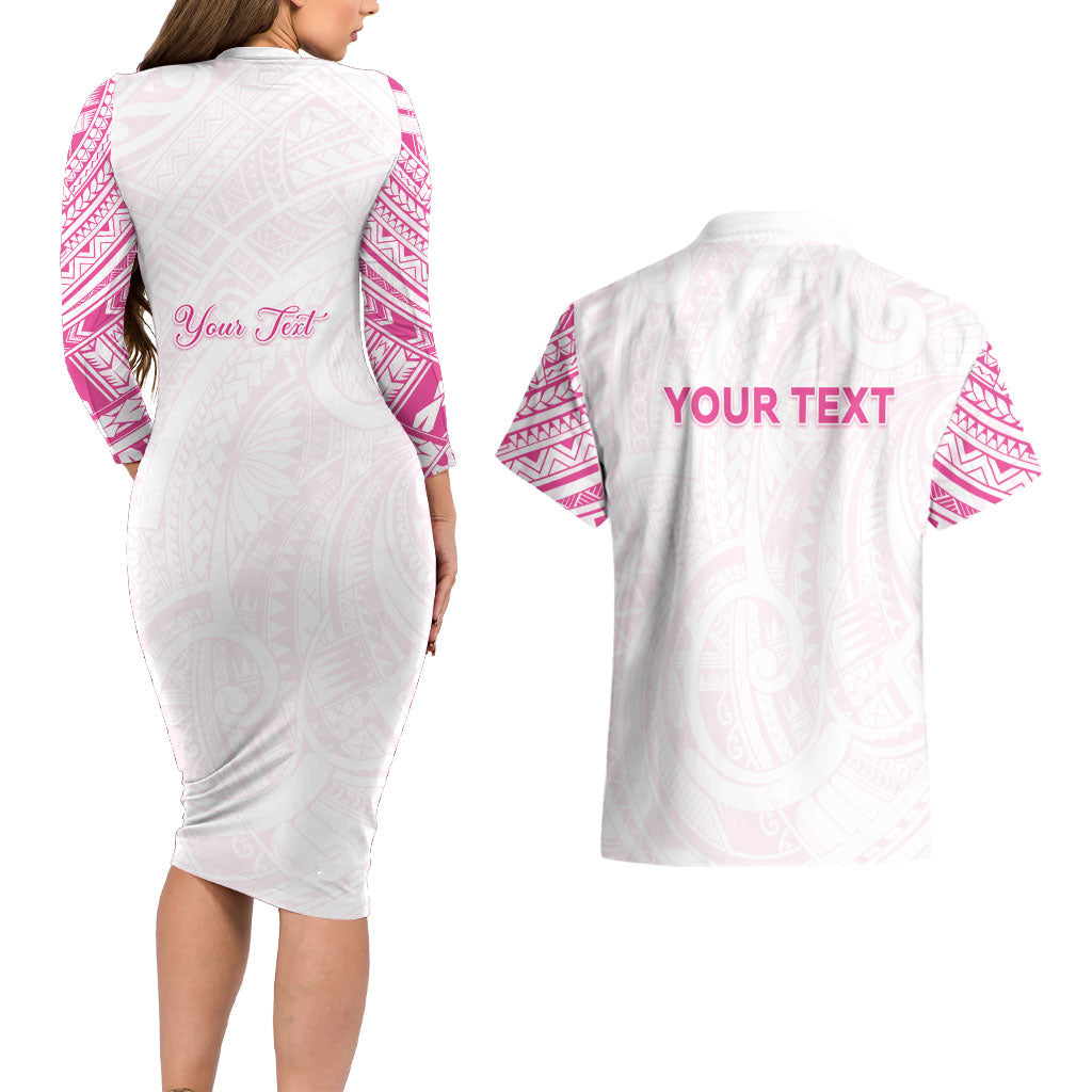 Personalised New Zealand Aotearoa Couples Matching Long Sleeve Bodycon Dress and Hawaiian Shirt Nurse Tribal Pink Version