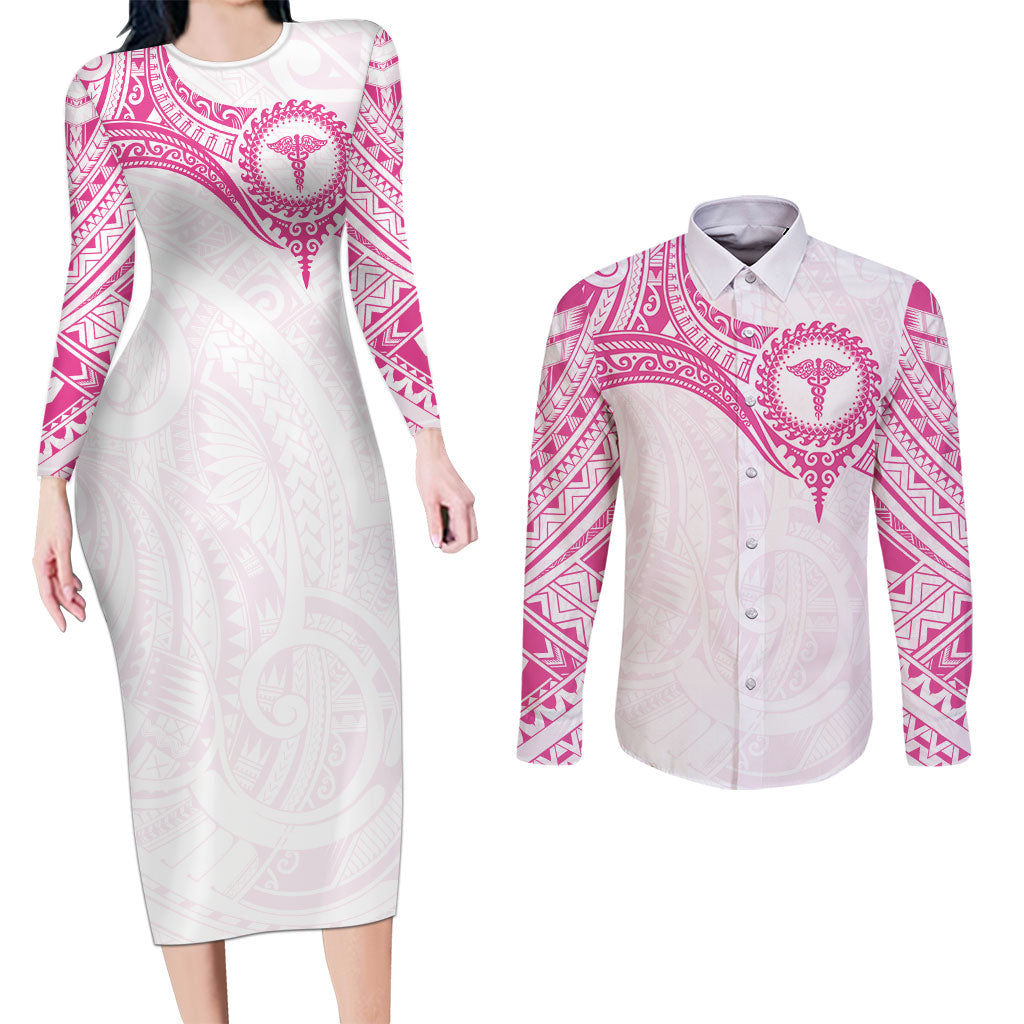 Personalised New Zealand Aotearoa Couples Matching Long Sleeve Bodycon Dress and Long Sleeve Button Shirt Nurse Tribal Pink Version