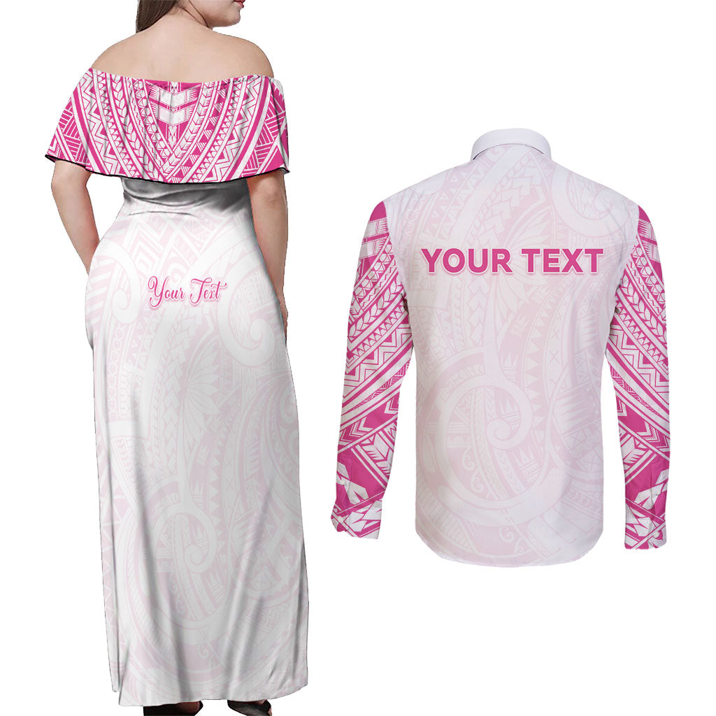 Personalised New Zealand Aotearoa Couples Matching Off Shoulder Maxi Dress and Long Sleeve Button Shirt Nurse Tribal Pink Version
