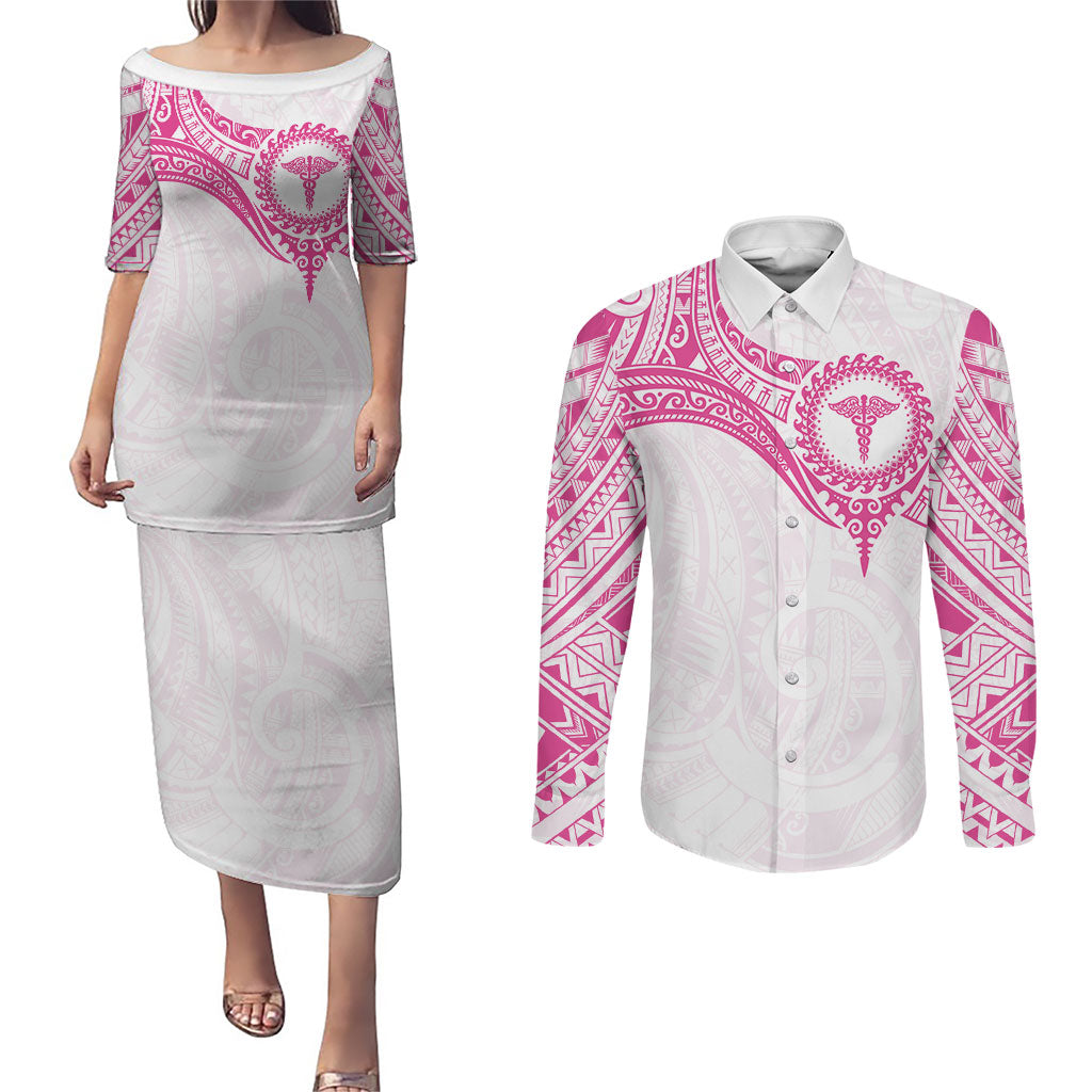 Personalised New Zealand Aotearoa Couples Matching Puletasi and Long Sleeve Button Shirt Nurse Tribal Pink Version LT05 Pink - Polynesian Pride