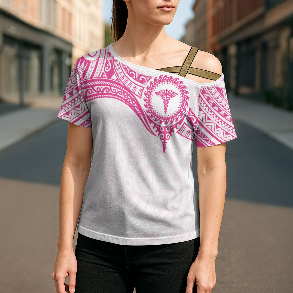 Personalised New Zealand Aotearoa Cross Shoulder Shirt Nurse Tribal Pink Version