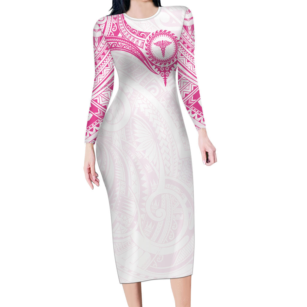 Personalised New Zealand Aotearoa Long Sleeve Bodycon Dress Nurse Tribal Pink Version LT05 Long Dress Pink - Polynesian Pride