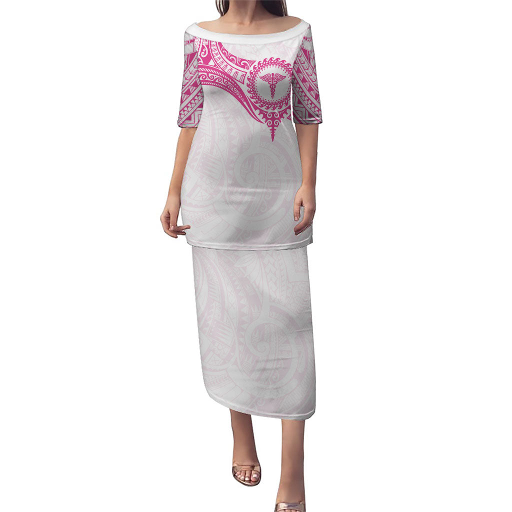 Personalised New Zealand Aotearoa Puletasi Nurse Tribal Pink Version LT05 Long Dress Pink - Polynesian Pride