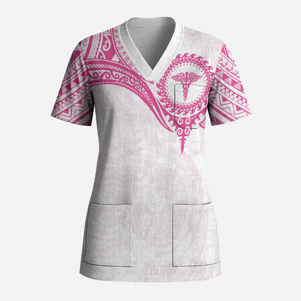 Personalised New Zealand Aotearoa Scrub Top Nurse Tribal Pink Version LT05 Adult Pink - Polynesian Pride