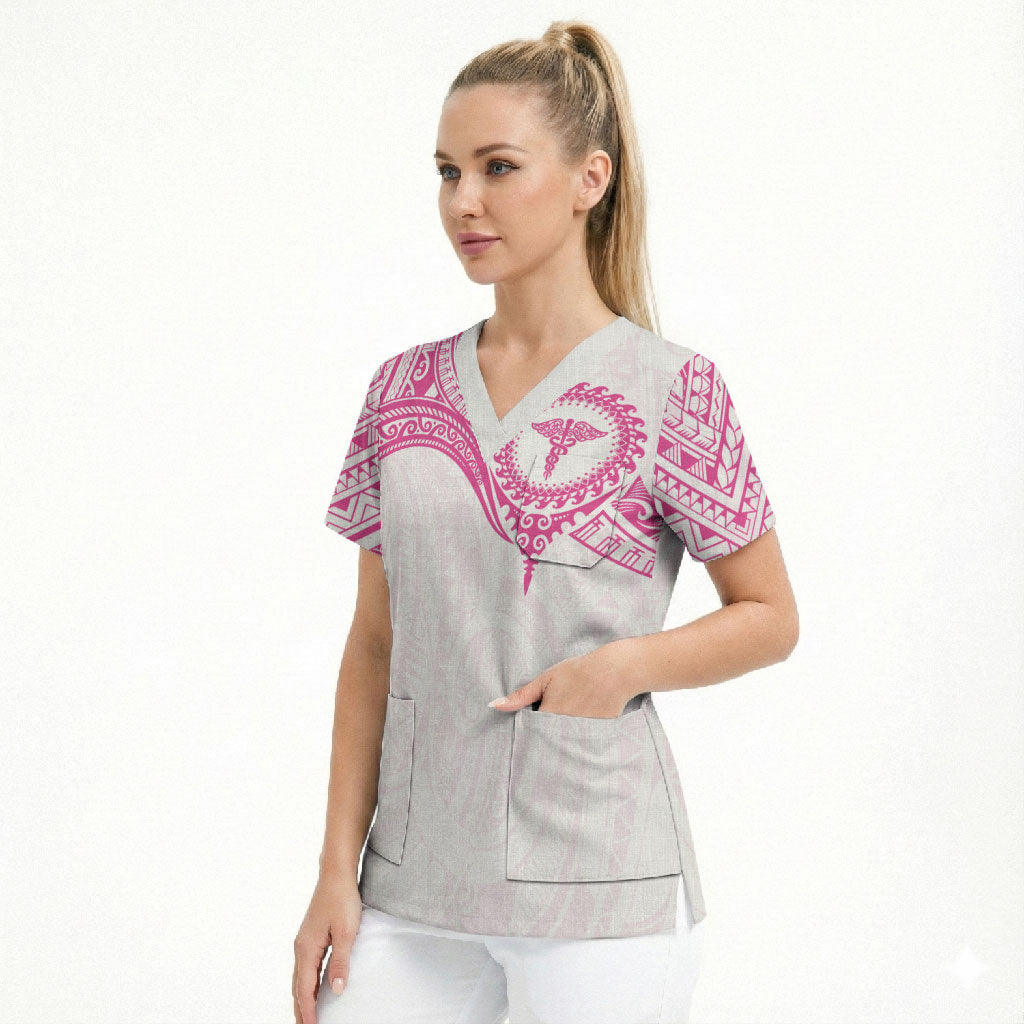 Personalised New Zealand Aotearoa Scrub Top Nurse Tribal Pink Version LT05 - Polynesian Pride