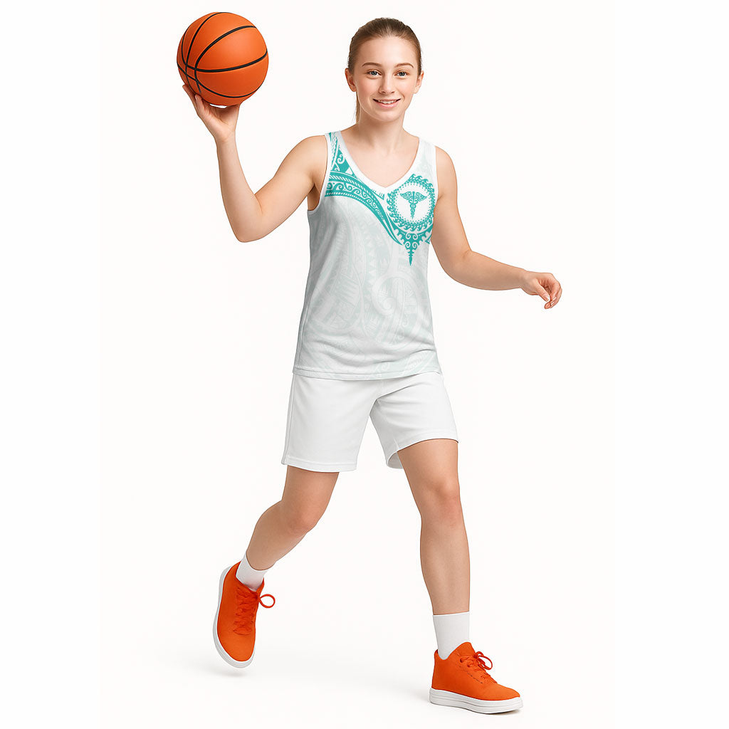 Personalised New Zealand Aotearoa Basketball Jersey Nurse Tribal Teal Version LT05 - Polynesian Pride