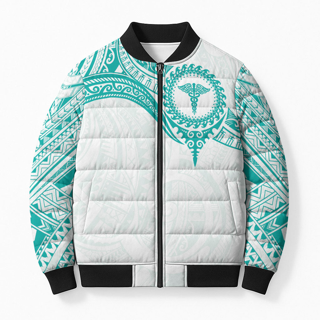 Personalised New Zealand Aotearoa Bomber Puffer Jacket Nurse Tribal Teal Version LT05 Unisex Teal - Polynesian Pride