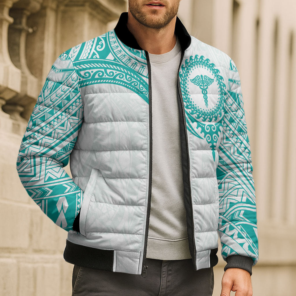 Personalised New Zealand Aotearoa Bomber Puffer Jacket Nurse Tribal Teal Version LT05 - Polynesian Pride