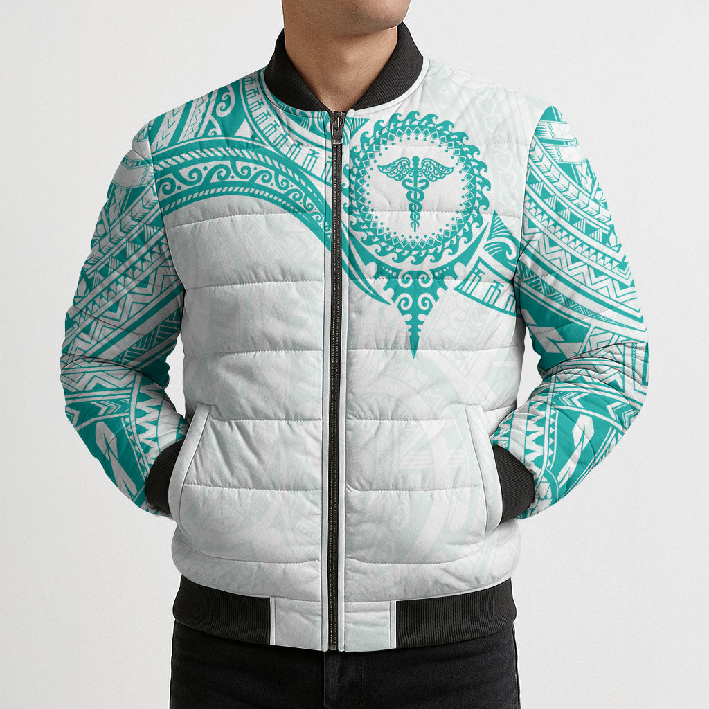 Personalised New Zealand Aotearoa Bomber Puffer Jacket Nurse Tribal Teal Version LT05 - Polynesian Pride