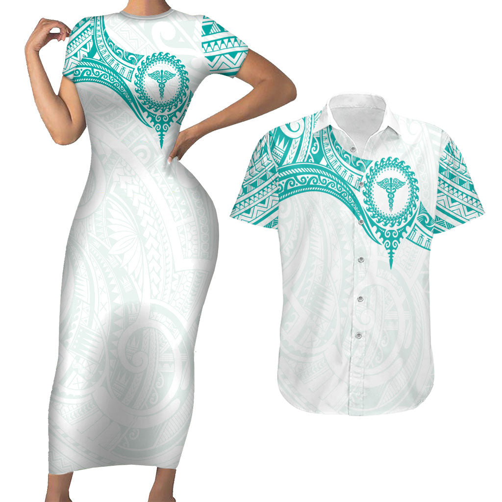 Personalised New Zealand Aotearoa Couples Matching Short Sleeve Bodycon Dress and Hawaiian Shirt Nurse Tribal Teal Version