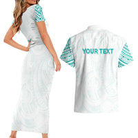 Personalised New Zealand Aotearoa Couples Matching Short Sleeve Bodycon Dress and Hawaiian Shirt Nurse Tribal Teal Version