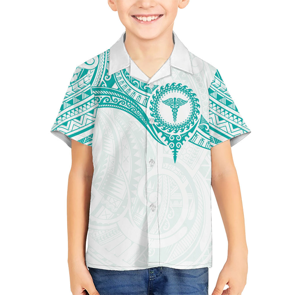 Personalised New Zealand Aotearoa Family Matching Long Sleeve Bodycon Dress and Hawaiian Shirt Nurse Tribal Teal Version