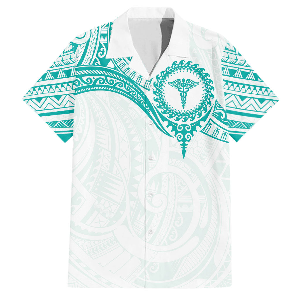 Personalised New Zealand Aotearoa Family Matching Off Shoulder Short Dress and Hawaiian Shirt Nurse Tribal Teal Version
