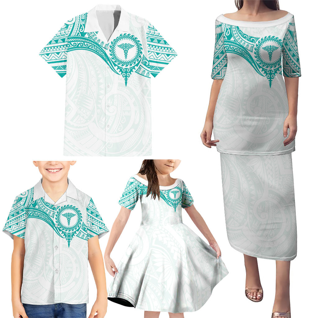Personalised New Zealand Aotearoa Family Matching Puletasi and Hawaiian Shirt Nurse Tribal Teal Version LT05 - Polynesian Pride