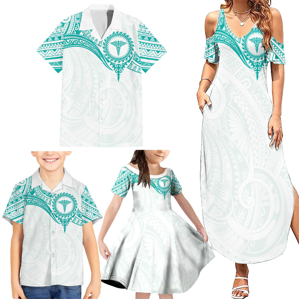Personalised New Zealand Aotearoa Family Matching Summer Maxi Dress and Hawaiian Shirt Nurse Tribal Teal Version LT05 - Polynesian Pride