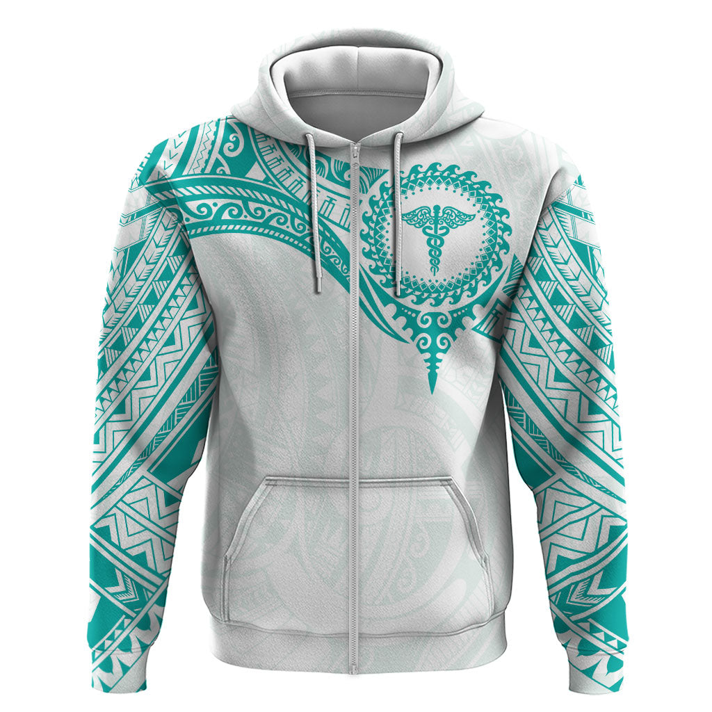 Personalised New Zealand Aotearoa Hoodie Nurse Tribal Teal Version LT05 Zip Hoodie Teal - Polynesian Pride
