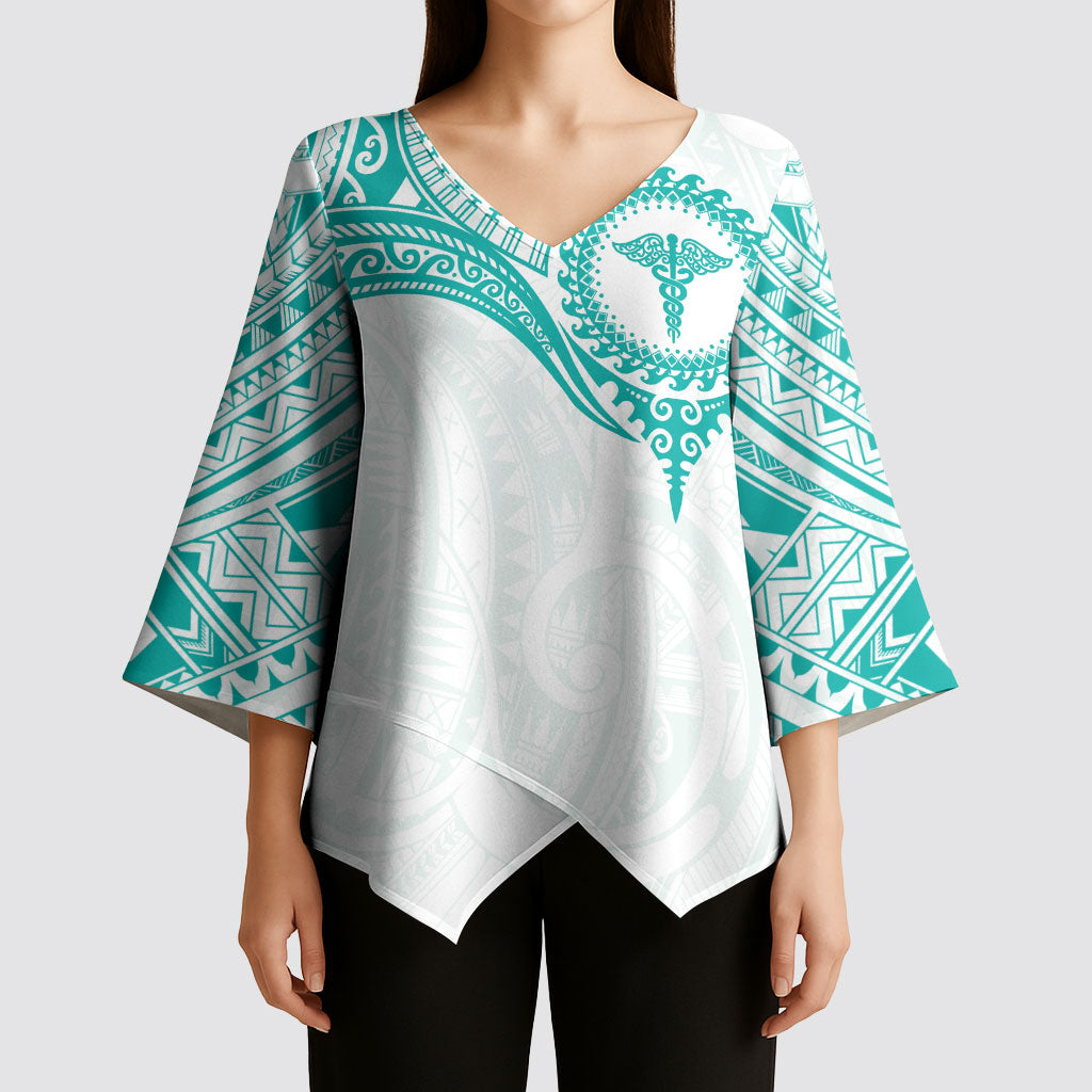 Personalised New Zealand Aotearoa Kimono Sleeve Blouse Nurse Tribal Teal Version LT05 - Polynesian Pride