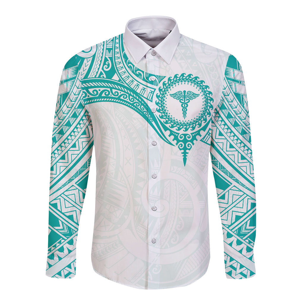 Personalised New Zealand Aotearoa Long Sleeve Button Shirt Nurse Tribal Teal Version LT05 Unisex Teal - Polynesian Pride