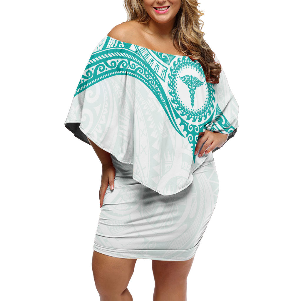 Personalised New Zealand Aotearoa Off Shoulder Short Dress Nurse Tribal Teal Version LT05 Women Teal - Polynesian Pride